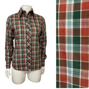 1980s Autumn Colored Plaid Shirt Button up Western Top / Women’s XS *